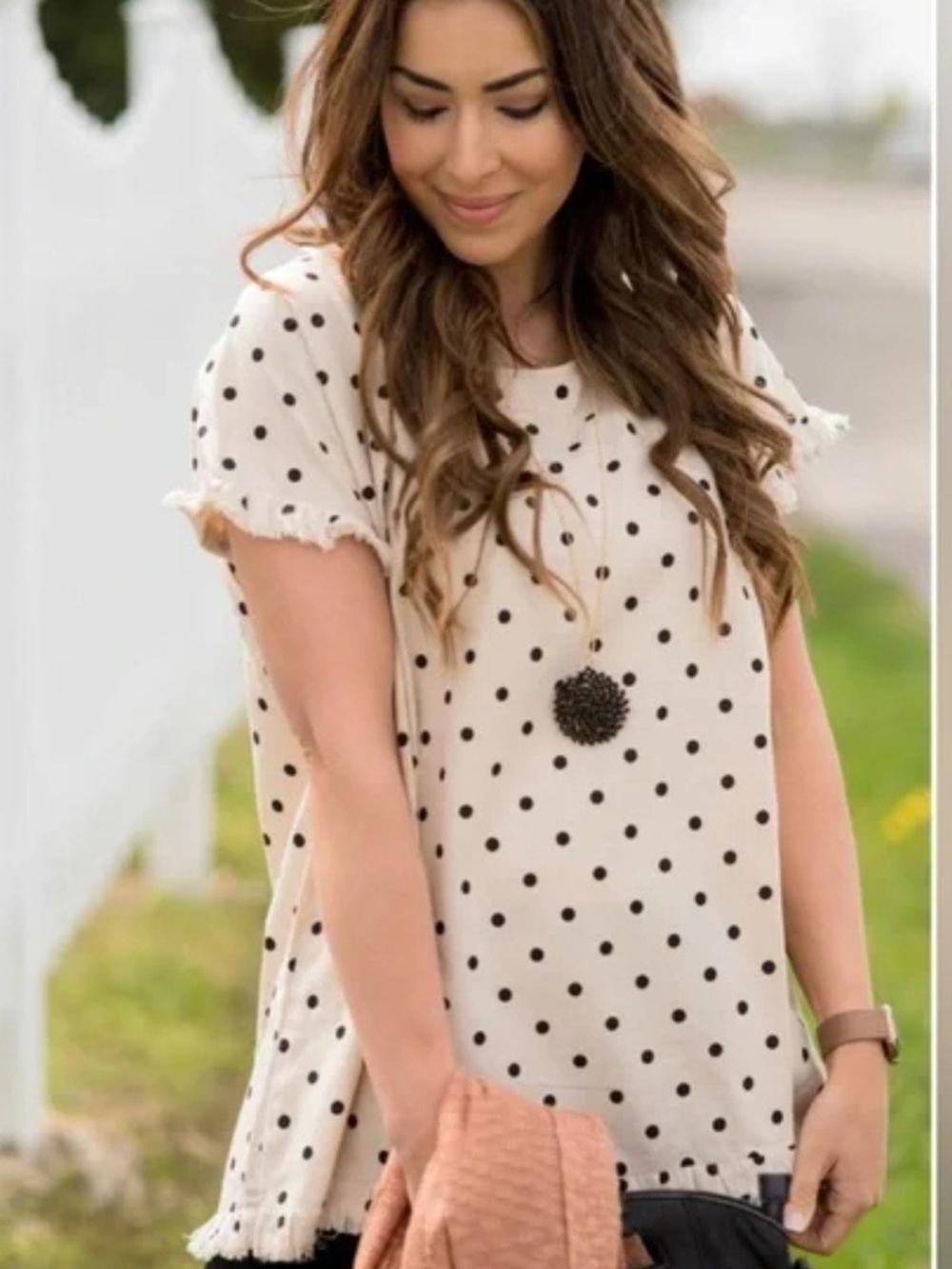Umgee Cream Polka Dot Short Sleeve Tunic